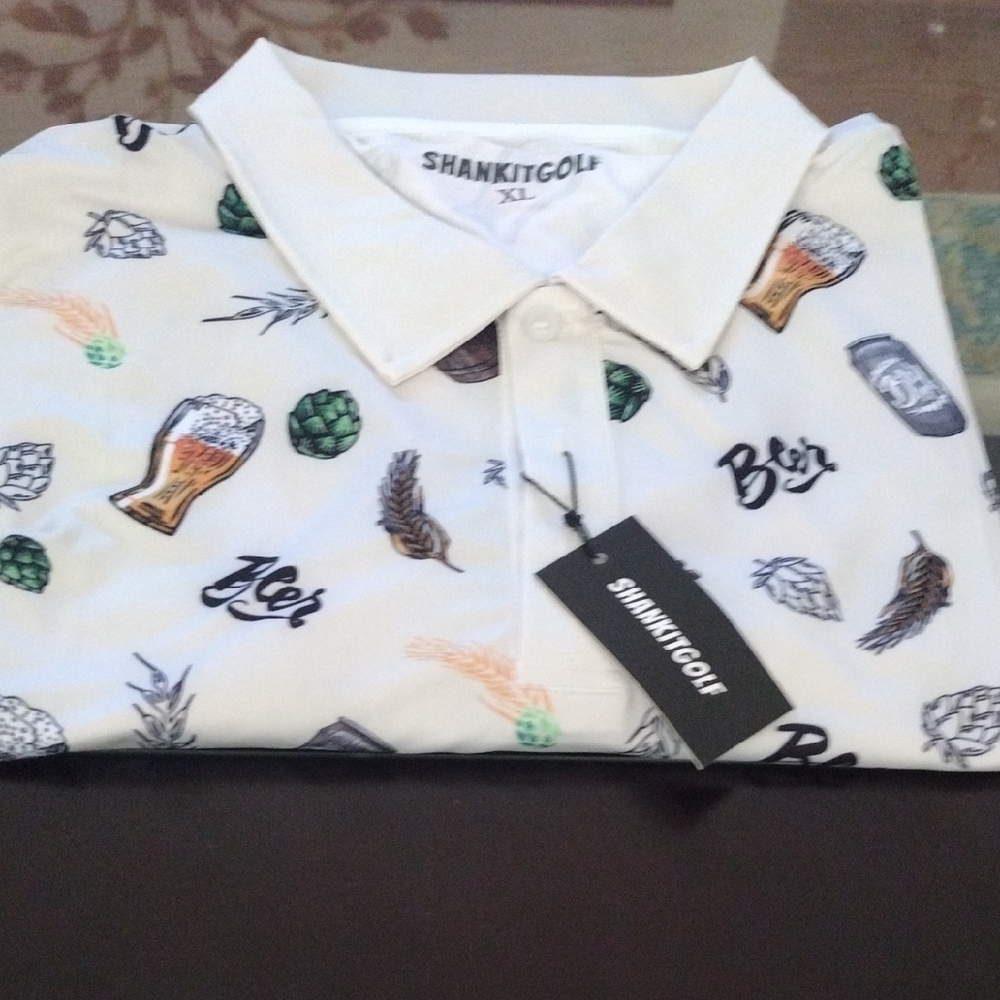 Green and White Shankitgolf Casual Polo Shirt with Beer Print